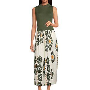 Skies Are Blue Mock Neck Pleated Maxi Dress Olive Knit Top Daisy Skirt Size M